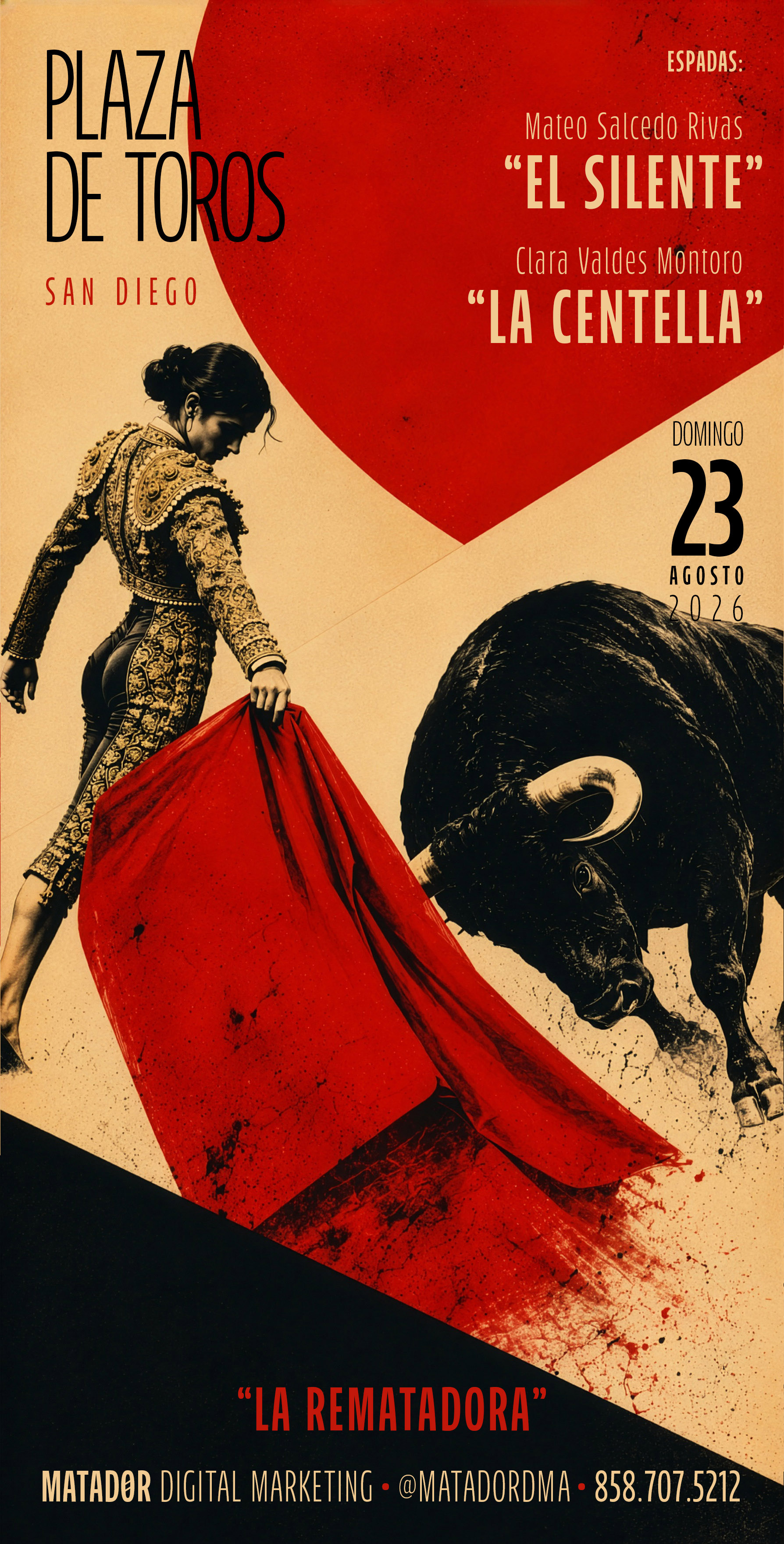 La Rematadora — female version of the Matador bullfighting poster, with a blank third-matador name area